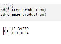 R code for standard deviation calculation and its output