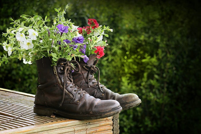 Photo 3. Garden life, photo by Pierre Bamin on Unsplash, photo showing boots and flowers growing in them.